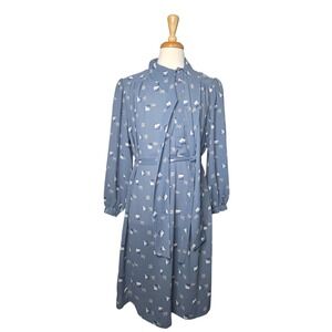Vintage Eaton Secretary Dress Blue Geometric Print Tie Neck Midi Belted 80s